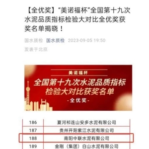 喜讯！南阳中联荣获全国第十九次水泥品质指标检验大对比“全优奖”
